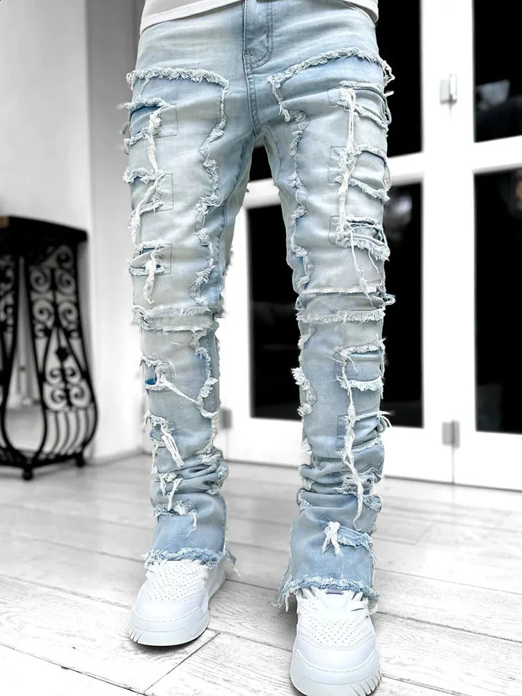 Spring Autumn Individual Patched Black Pants Long Tight Fit Stacked Jeans For Men 240819