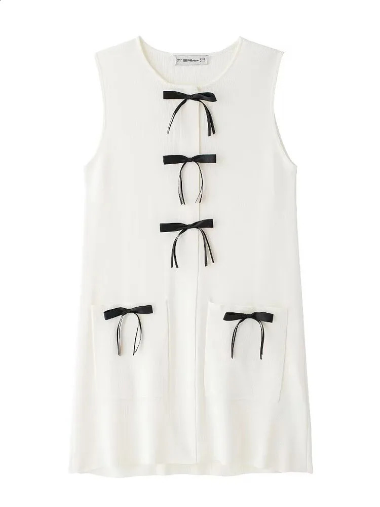 TRAF Summer Womens Knitted Sleeveless Mini Dresses Fashion Female Solid O-neck Bow Dress Sweet Girls Lovely Pockets Dress 240819