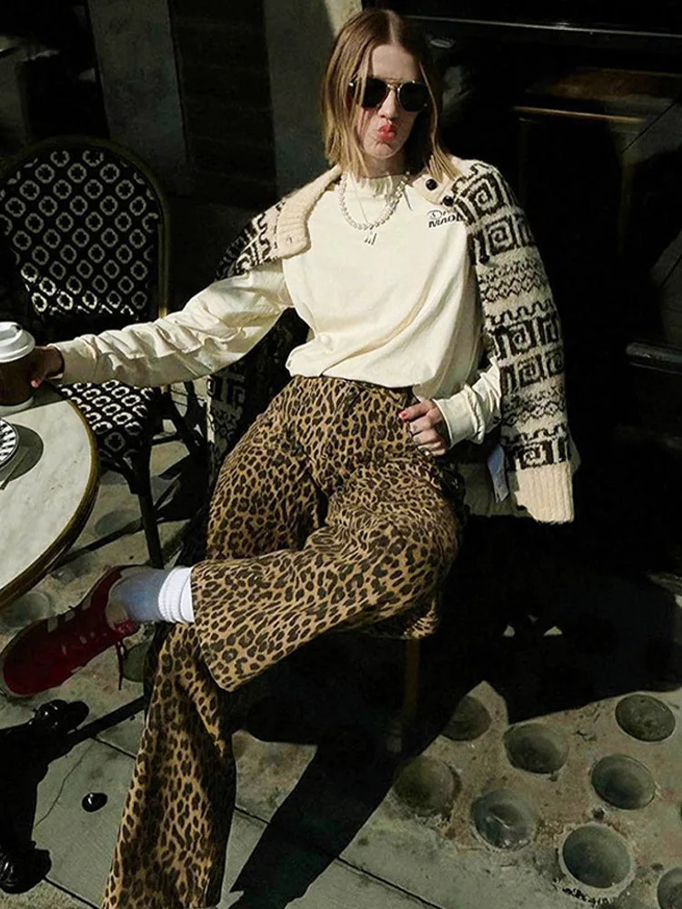 Y2k Leopard Pattern Womens Pants Spring Chic Loose High Waist Wide Leg Black Fashion Street Jean Trousers 240819