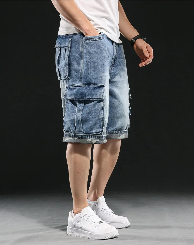 Retro Yellow Multi Pocket Work Cargo 7 Point Denim Shorts Mens Wide-leg Loose Fat Jeans Shorts Plus Size 42 44 240816
