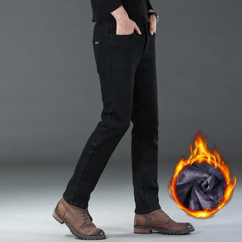 2024 Men Winter Warm Black Straight Thcik Fleece Jeans Fashion Casual Baggy Classic Style Solid Denim Trousers Male Clothing 240816