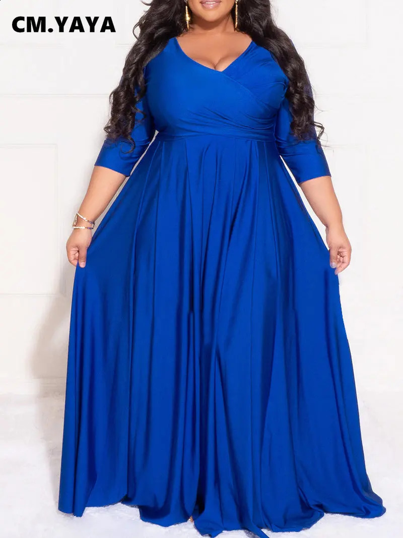 CM.YAYA Plus Size Women Evening Dresses Classic Curve Wrap V-neck Big Swing Maxi Vestidos De Verano Mujer Party long Dress 240819