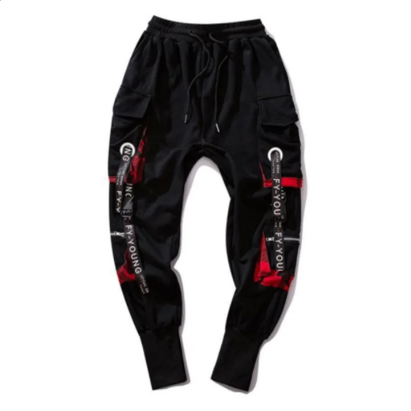 Mens Cargo Pants Casual Hip Hop Hit Color Multiple Pockets Trousers Streetwear Ribbons 240819