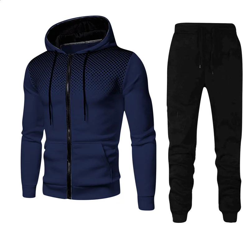 2024 Spring Fashion Wave point Streetwear Zipper HoodiesSweatpant 2pcs Set Mens Tracksuit Casual Jogging Suit Outdoor Set 240816