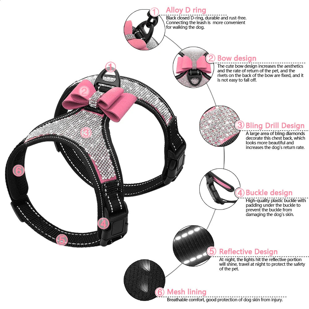Reflective Dog Harness Nylon Pitbull Pug Small Medium Dogs Harnesses Vest Bling Rhinestone Bowknot Dog Accessories Pet Supplies 250206