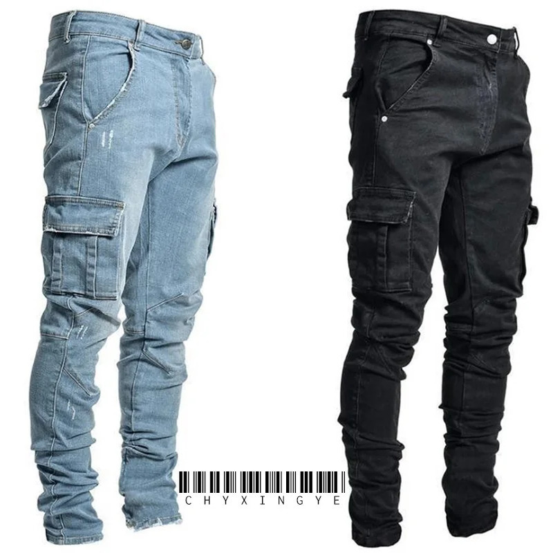 jeans mens pants washing solid color multi pocket denim mid waist cargo plus size Fahsion casual daily clothing 240816