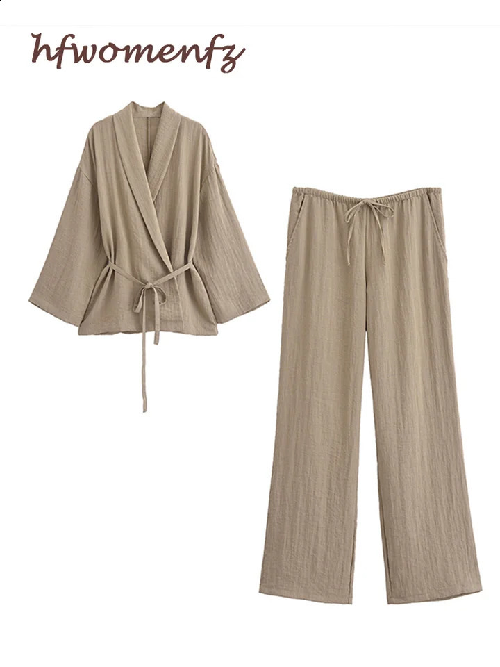Womens casual lace up 2-piece lapel long sleeved shirt fashionable womens set 2024 spring loose brushed wide leg pants set 240819