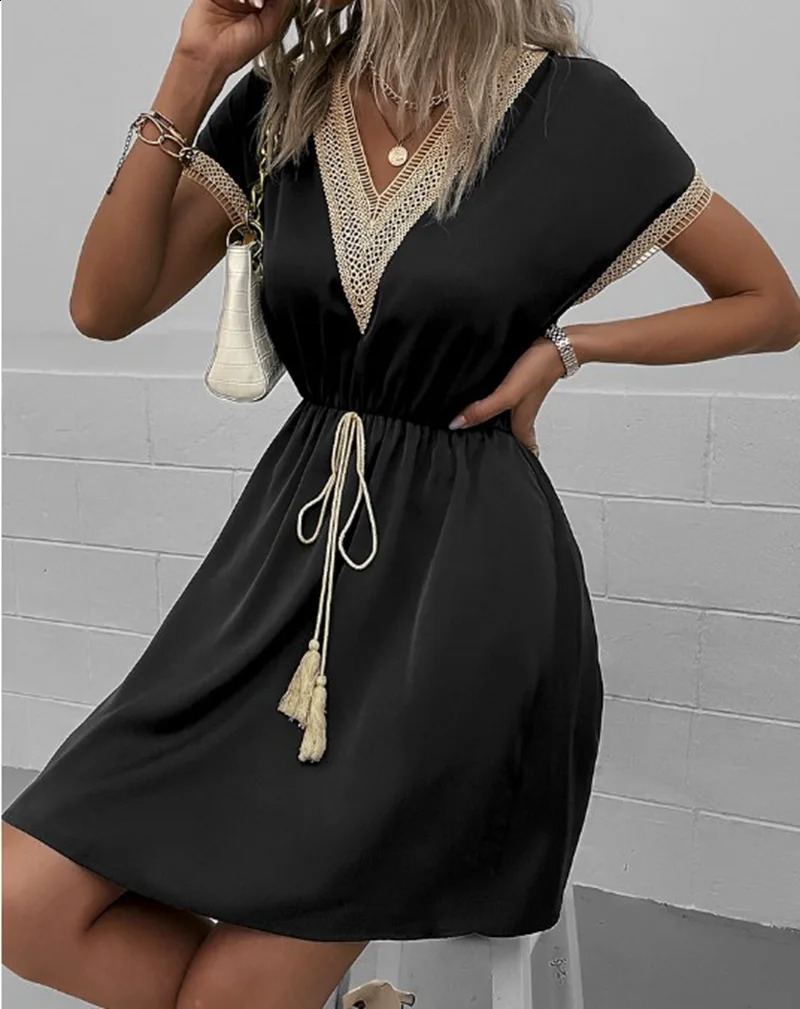 Elegant Womens White Dresses Summer Solid Short Sleeve Lace V-Neck Waistband Female Beach Midi Dress S-XXXL 240816