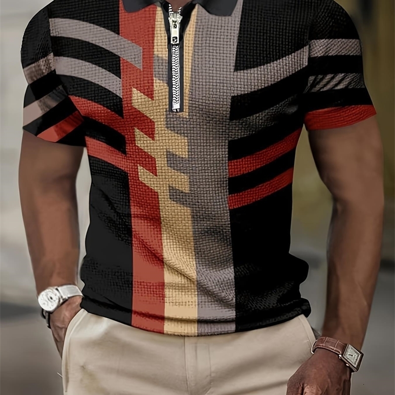 Mens Short-Sleeved POLO Shirt Summer Retro Striped 3D Printed Top Zipper Lapel Slim POLO Mens Casual Clothing 240816