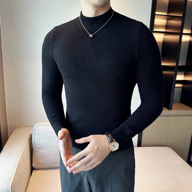 3-color mens autumn and winter new ultra-thin dark pattern semi high neck solid color knitted floral mens slim fit sweater bottomW2403587729 3