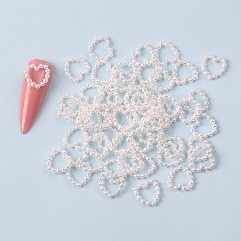 TSZS 50PcsBag Hollow Heart Pearl Nail Art Charms White Pearl Flatback 3D Nail Decoration DIY Nail Accessorie 240814