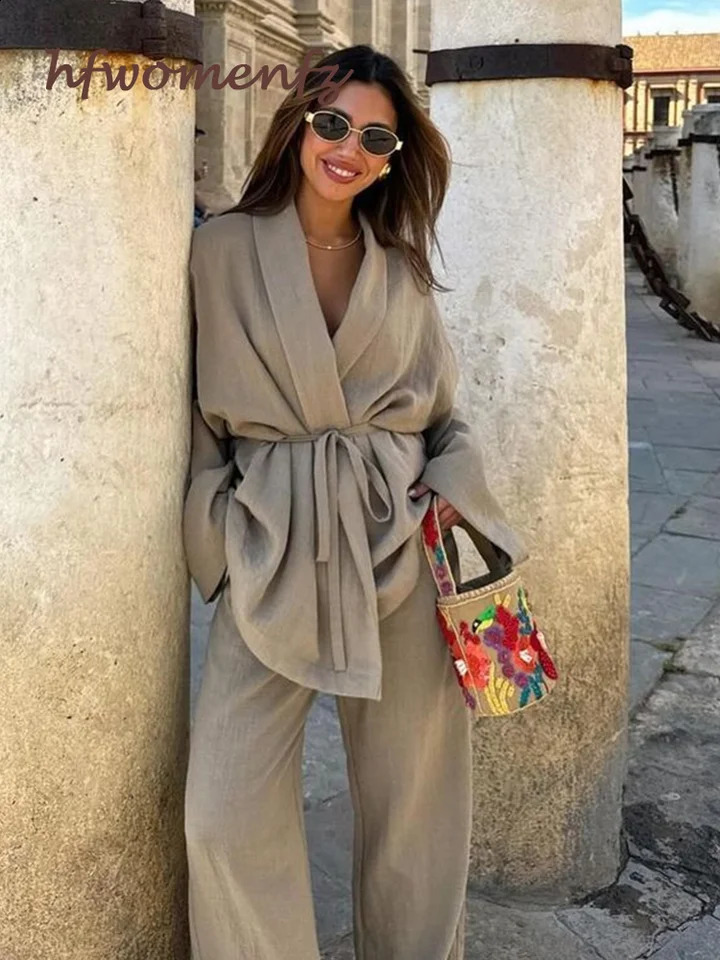 Womens casual lace up 2-piece lapel long sleeved shirt fashionable womens set 2024 spring loose brushed wide leg pants set 240819