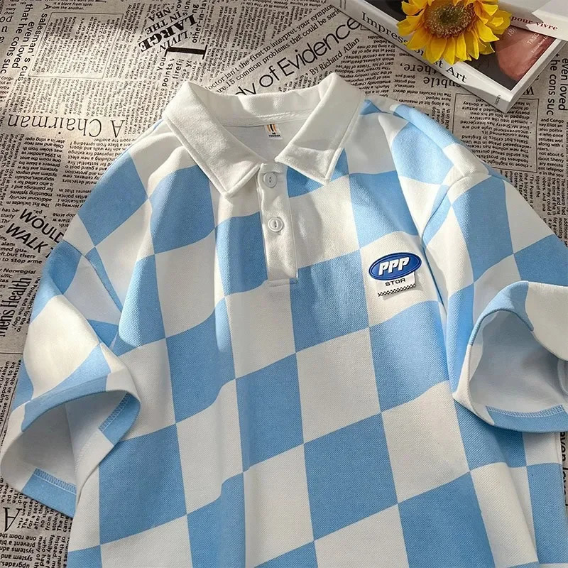 Trendy Polo Shirt Mens Summer Plaid Short Sleeves Casual Lapel T-shirt Youth Versatile Mid-sleeve Ins Hong Kong Style 240816