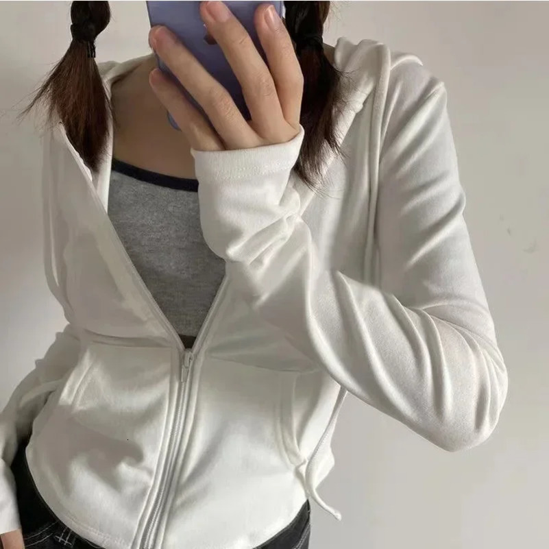 Deeptown Vintage Zip Up Cropped Hoodies Women Korean Style Streetwear Hooded Sweatshirts Kpop Solid Color Y2k Long Sleeve Tops 240816