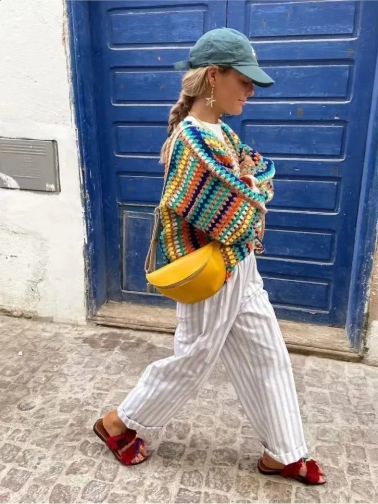 Vintage Colorful Striped Knitted Cardigan Women Sweater Long Sleeve Tops Streetwear Coats Harajuku Autumn Jackets Women Clothing 240813
