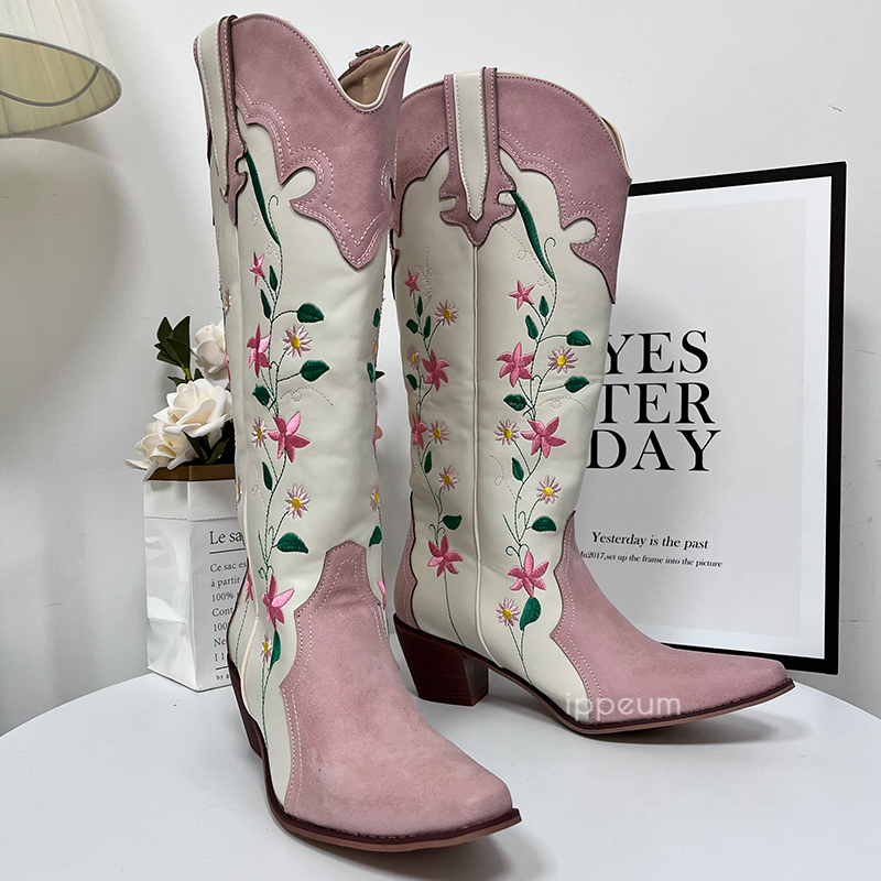 IPPEUM Cowgirl Boots Pink Flower Embroidered Knee Shoes For Women Mid Calf Western Botas Cowboy Mujer Fashion