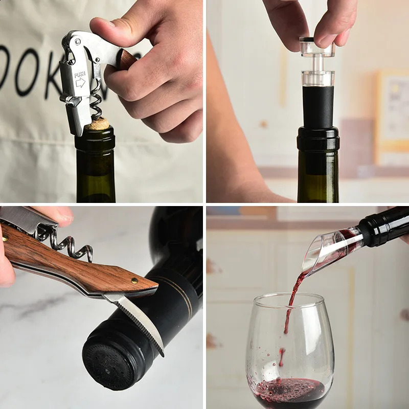 Wine Bottle Opener Set Professional Waiter Cork Stove Stainless Steel Bottle Opener and Vacuum Stopper Wine Dispenser Kitchen Accessories 240819