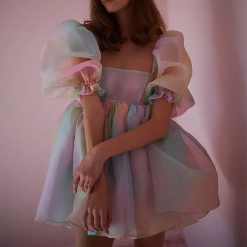 Women Puff Sleeve Tulle Tutu Princess Dress Square Collar Mesh Ruffle Bubble Skirt Wedding Evening Party Prom Mini Fairy Dress 240816
