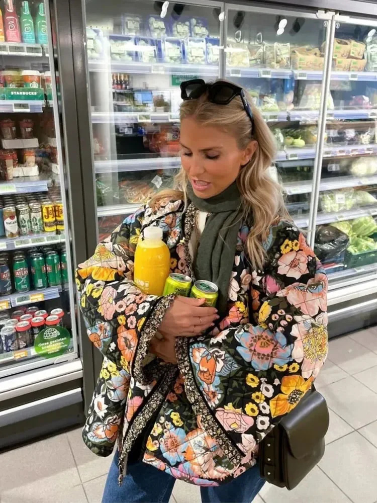 TRAF Flower Winter Coat for Women Quilted Jacket Parkas Woman Autumn Winter Printed Vintage Jacket Tweed Warm in Outerwear 240819