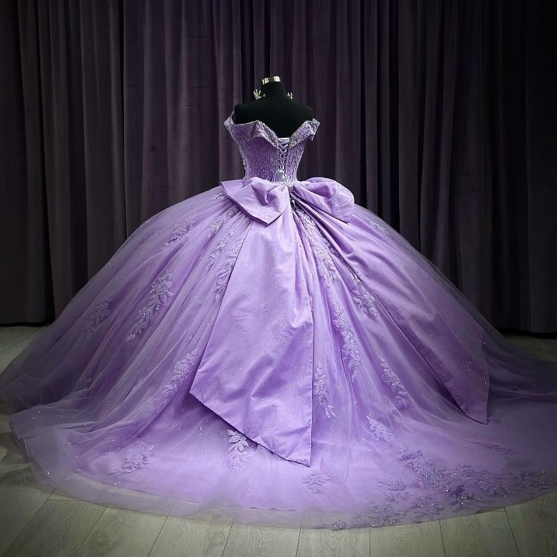 Lavender Shiny Quinceanera Dresses Off the Shoulder Lace Applique Sequins Beads Tull Mexican Sweet 16 Vestidos De XV 15 Anos