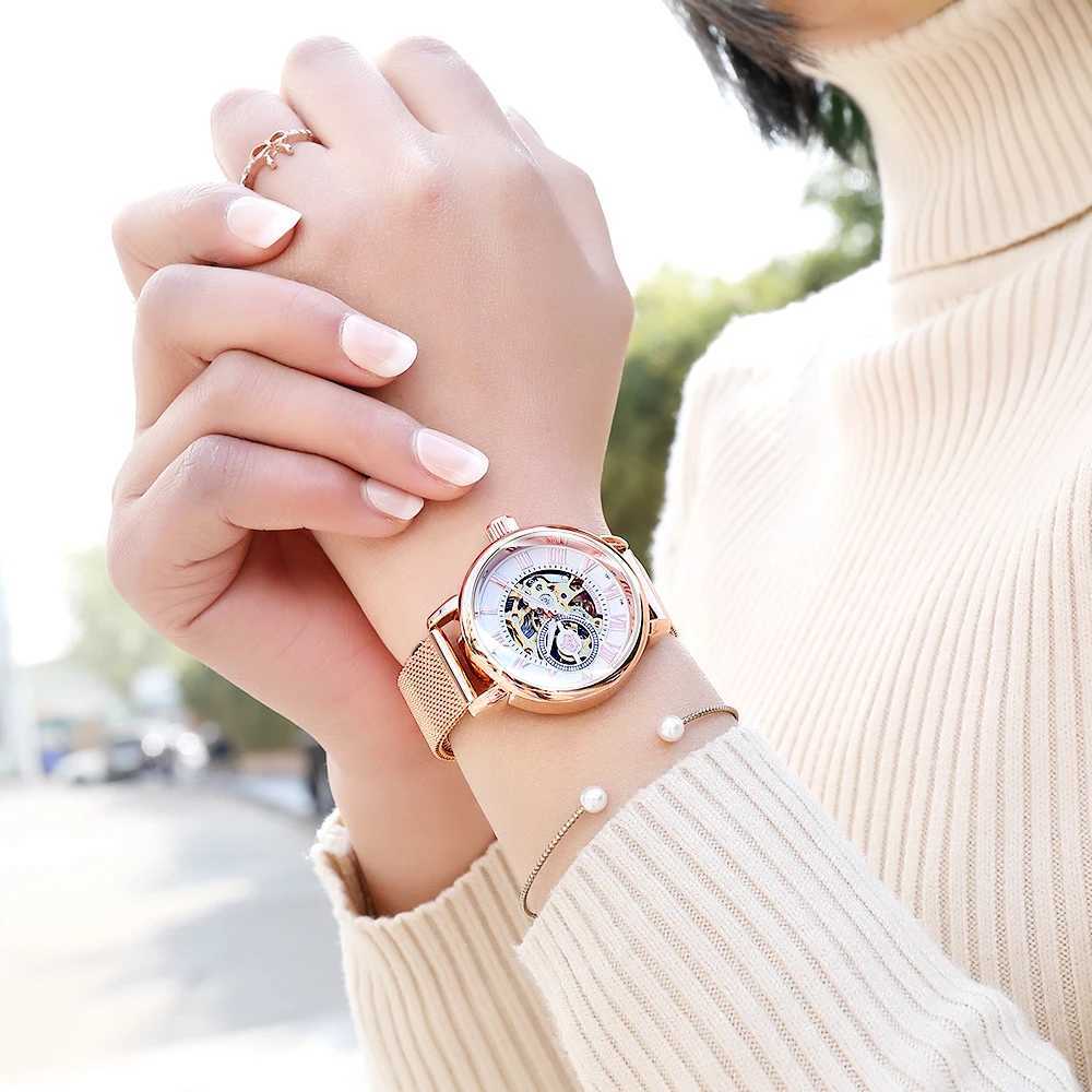 Orkina Mechanical Women Bracelet Skeleton Automatic Wrist Mesh Stainless Steel Strap Womens Clock Fashion Reloj Drone W250104