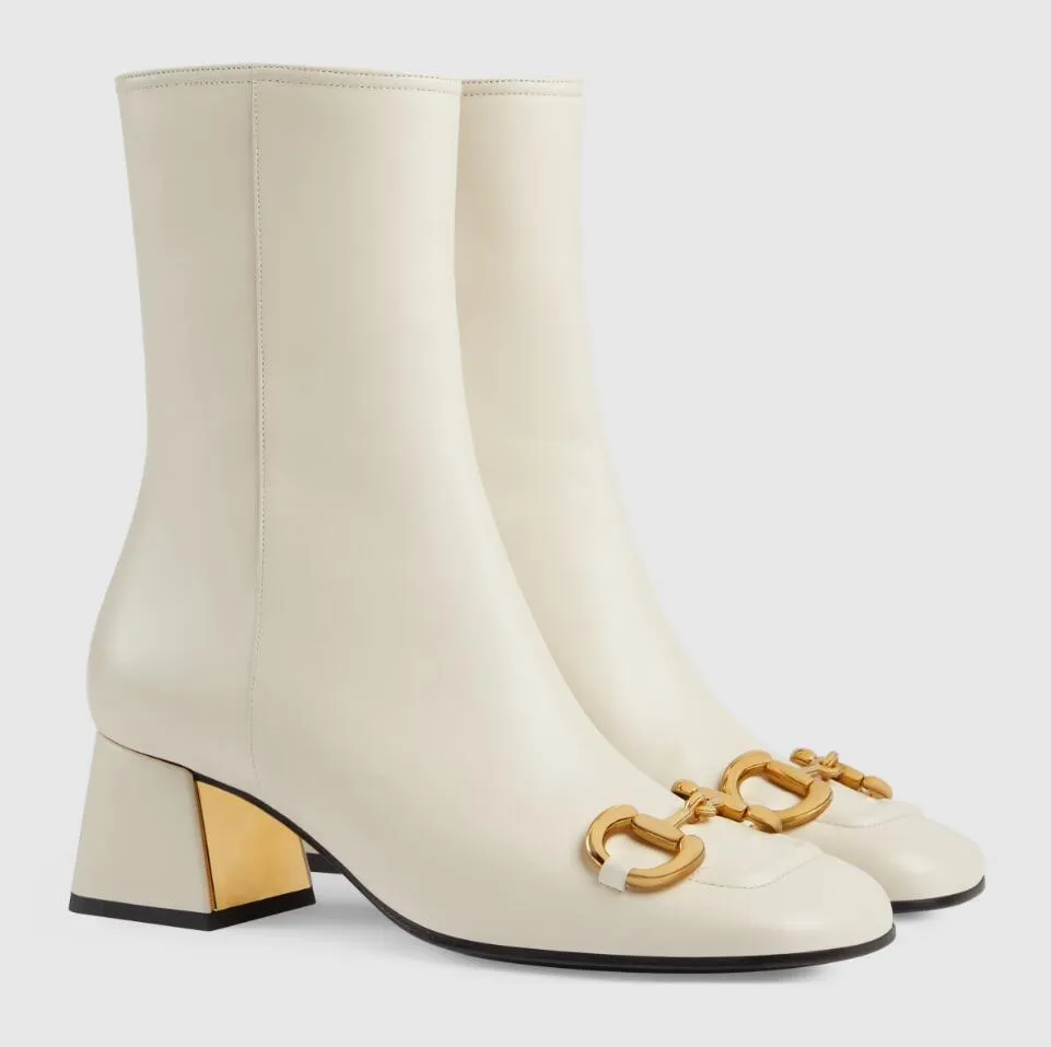 Bottes de cheville de qualité supérieure talons de bloc épais pour femmes Toes carrés Slip on Luxury Designers Calfskin Leather Party Dress Shoes