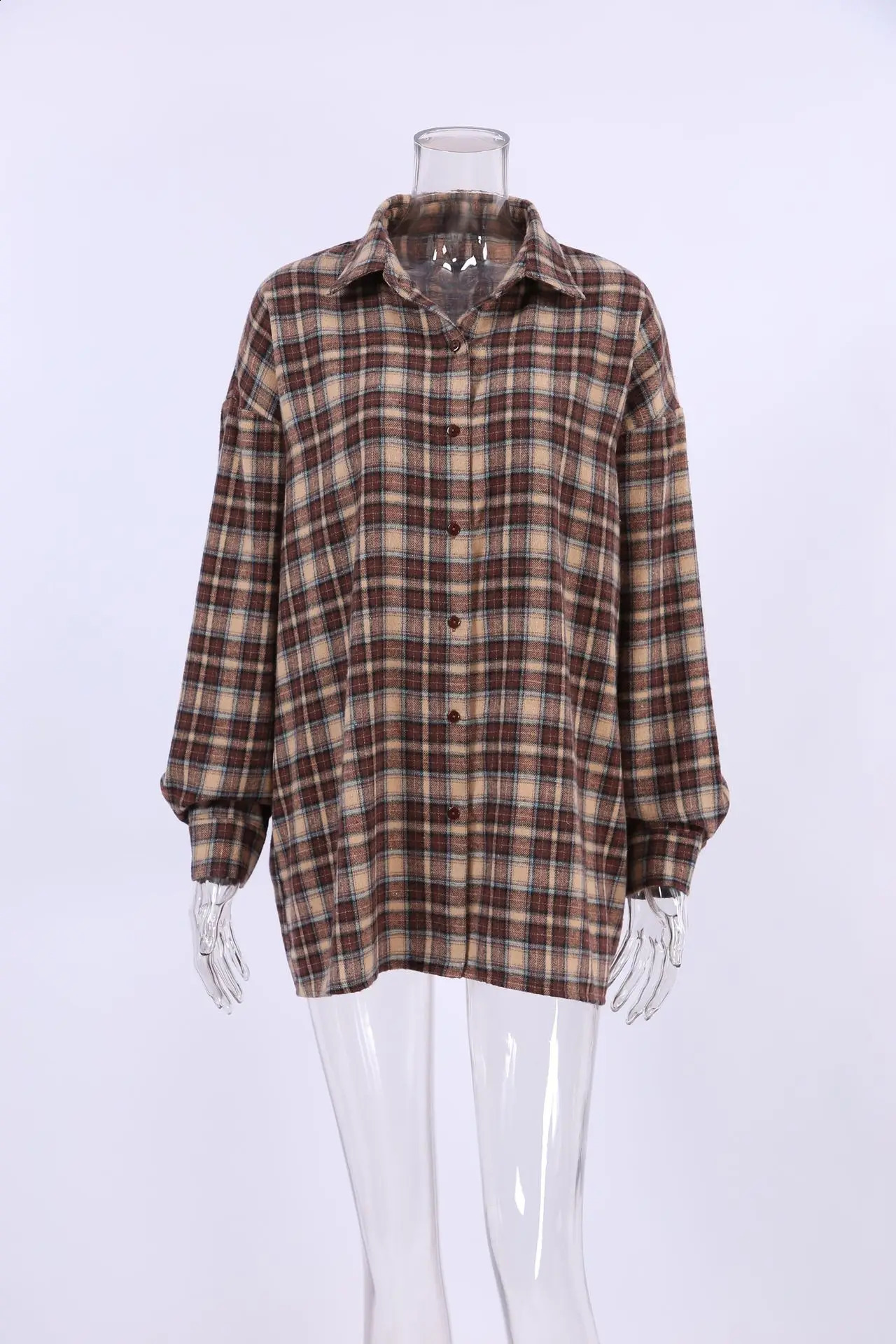 SpringAutumn Retro Checkered Shirt Womens Long Sleeve Loose Single Chest Casual 240814