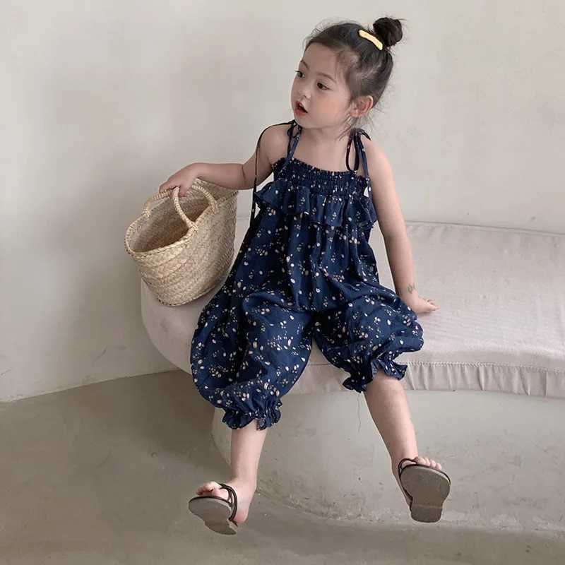 Summer girls floral lace jumpsuit girls sweet pine bud cross pants childrens top with shoulder straps W240806