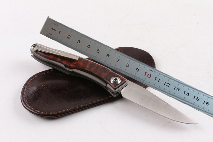 High End Real M390 Steel EDC Pocket Folding Knife Hand made Satin Blade TC4 Titanium Alloy Snakewood Handle with Leather Sheath