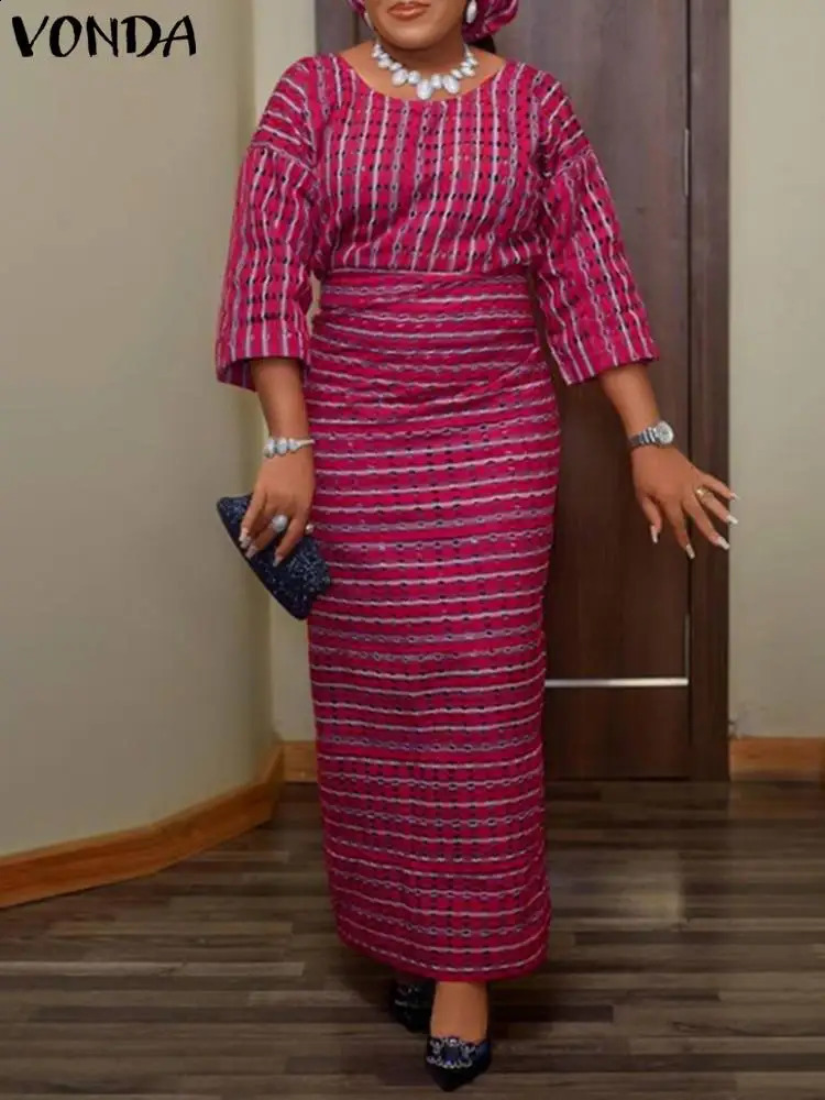 Plus Size 5XL VONDA Vintage Printed Maxi Dress Women Fashion 3/4 Sleeve Bohemian Party Vestidos Autumn Casual Long Sundress 240819