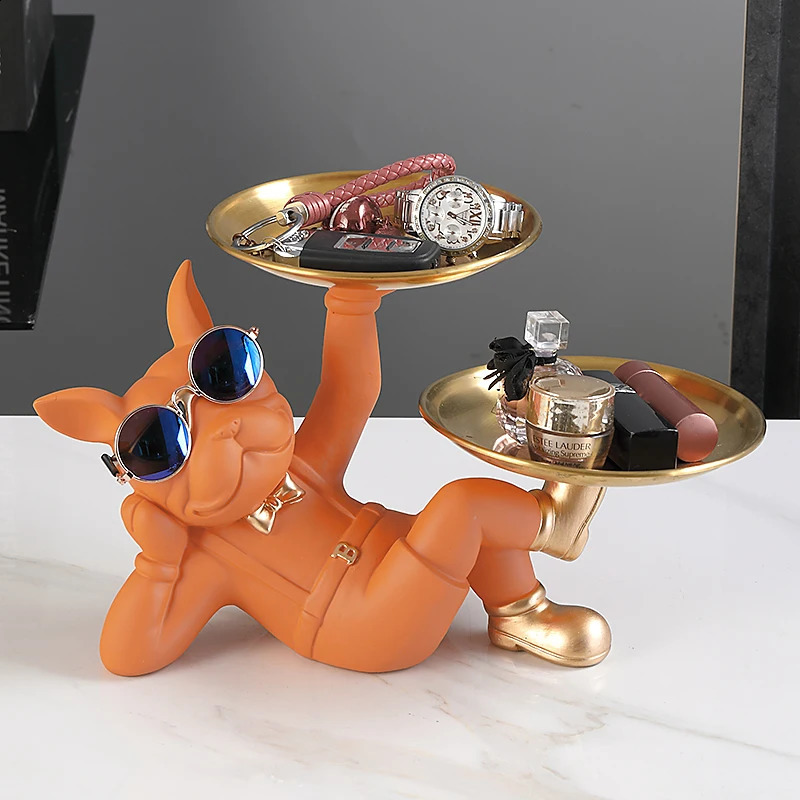 Animal Resin Sculpture dog Butler statue Home Decor French Bulldog with Double Metal tray Table Ornaments Decor Dog Figurine Art i240819