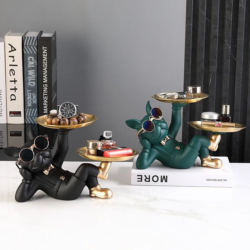Animal Resin Sculpture dog Butler statue Home Decor French Bulldog with Double Metal tray Table Ornaments Decor Dog Figurine Art i240819