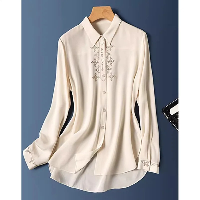 Womens long sleeved shirt imitating silk summer and embroidered fashionable spring 240814