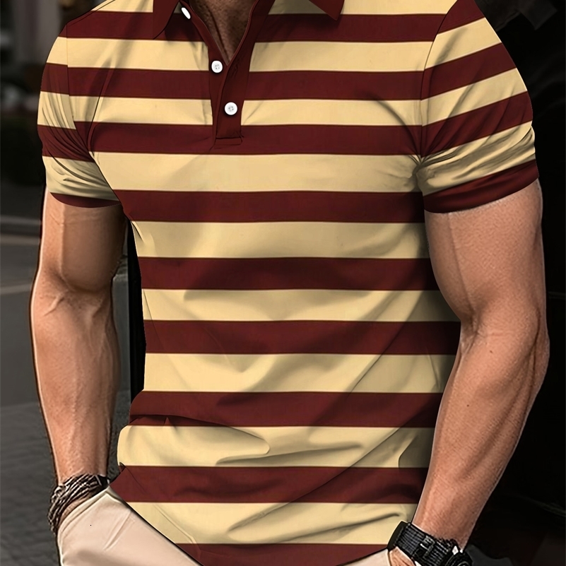 2024 Mens Summer Short Clothes Sleeved Lapel 3D Digital Printed Striped Polo Shirt Mens Business Casual Top Clothes 240816