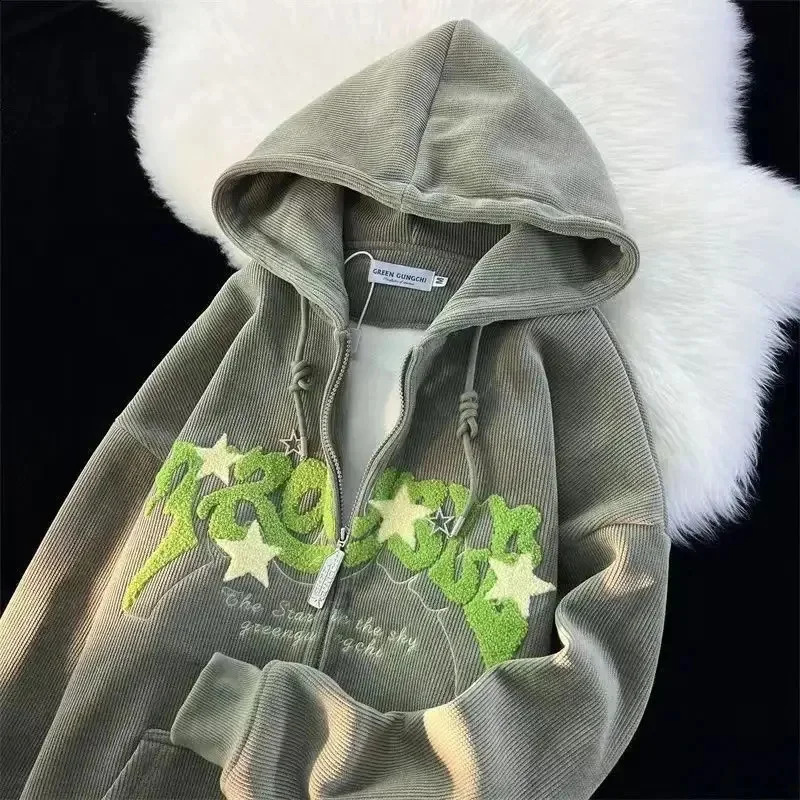 Women Letter Printed Hoodies Autumn Vintage Zip Up Loose Hooded Sweatshirts Harajuku Y2K Long Sleeve Jacket Clothes 240816