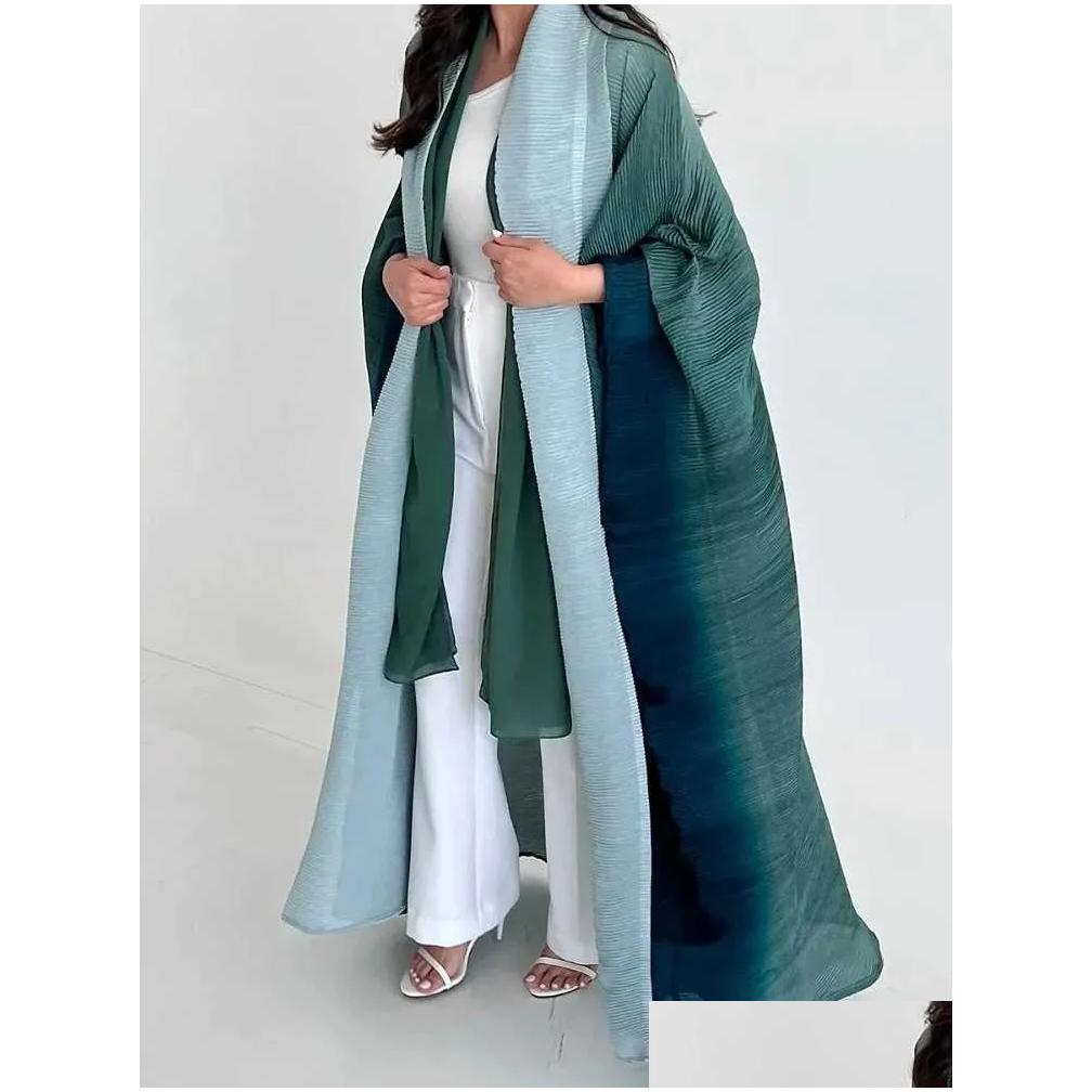 Ethnic Clothing Muslim Abaya For Women Bat Se Pleated Gradient Cardigan Trench Coat 2023 Autumn Dubai Abayas Plus Size Womens D Otxbc