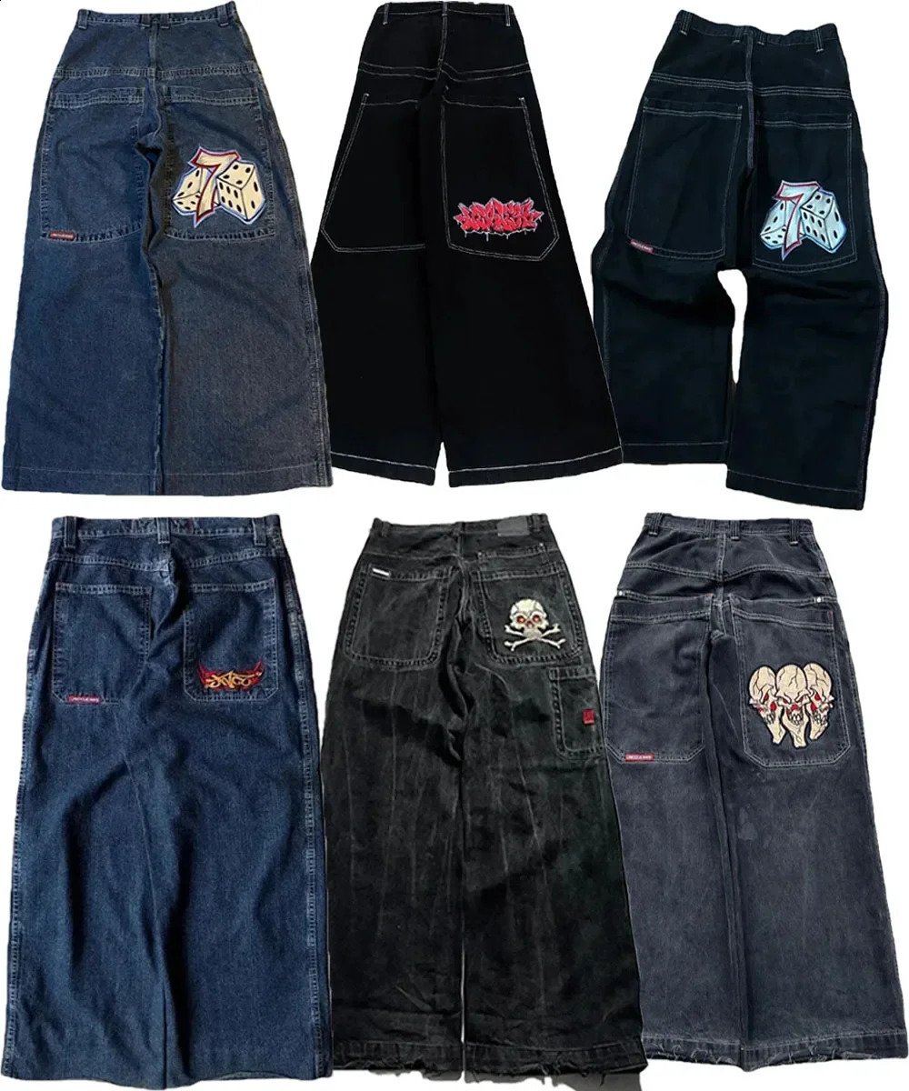 Retro skull pattern embroidered loose jeans 2024 JNCO jeans Y2K Harajuku black pants mens and womens Gothic high waisted pants 240819