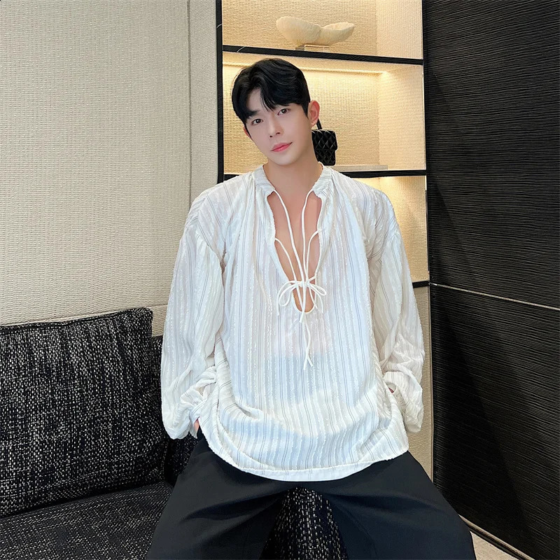 NOYMEI Korean Ruffian Flocking Dark Pattern Tie Breathable Lantern Sleeve Shirt Sexy Spring Mens Top WA4084 240816