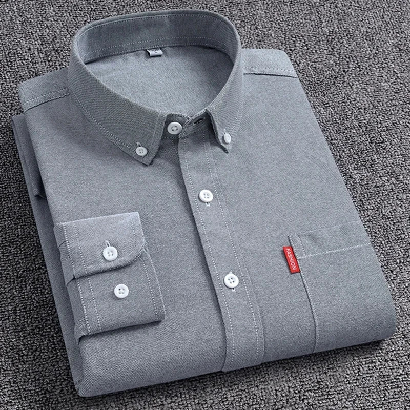 5XL Mens Oxford Long Sleeve Shirts 100% Cotton Solid Color Turn Down Collar Regular Fit Daily Men Clothing Button-down Shirts 240818
