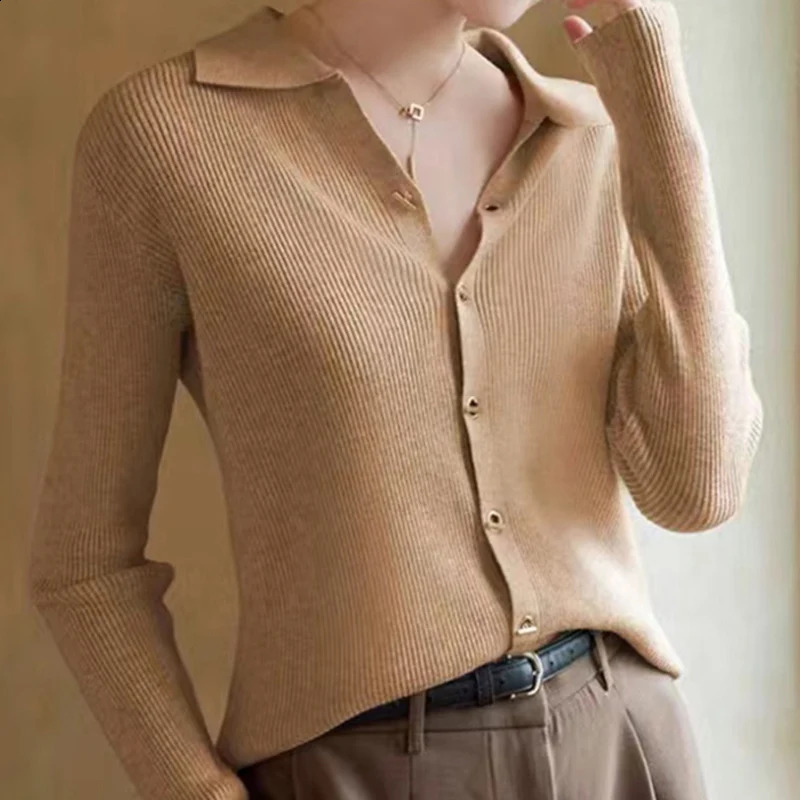 Autumn Womens Sportswear Solid Color Polo Neck Knitted Top Cardigan Wool Sweater Korean Version Long Sleeved Jacket