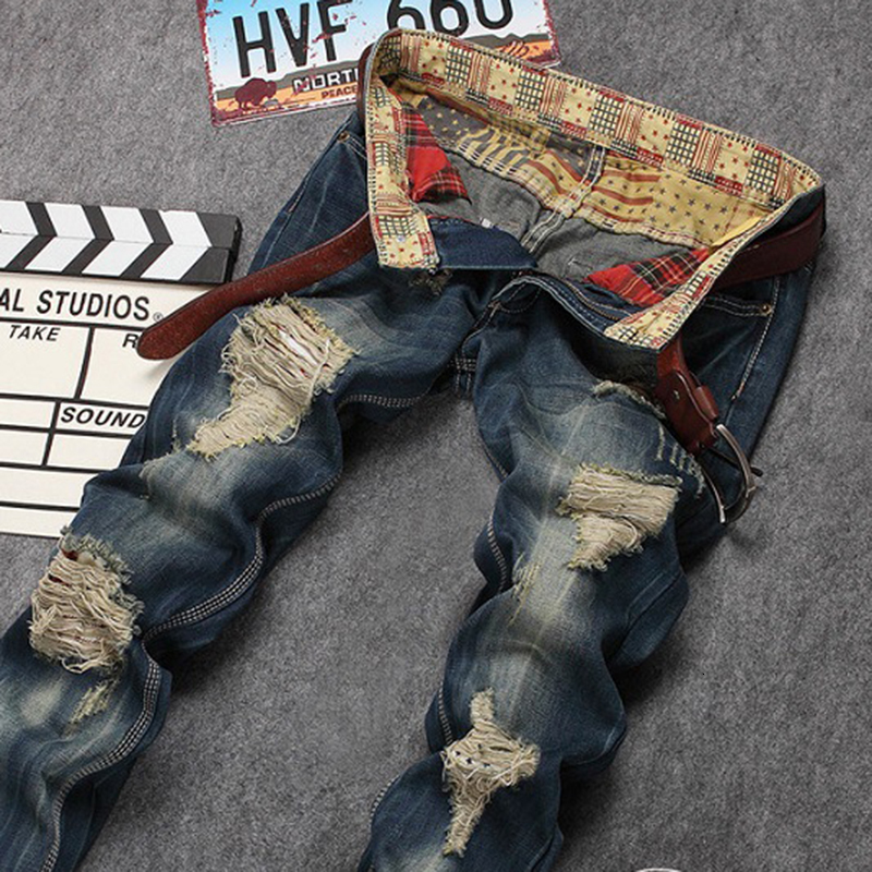 mens torn denim Trouser fashionable casual jeans straight highquality pencil pants retro dark blue slippers 240816