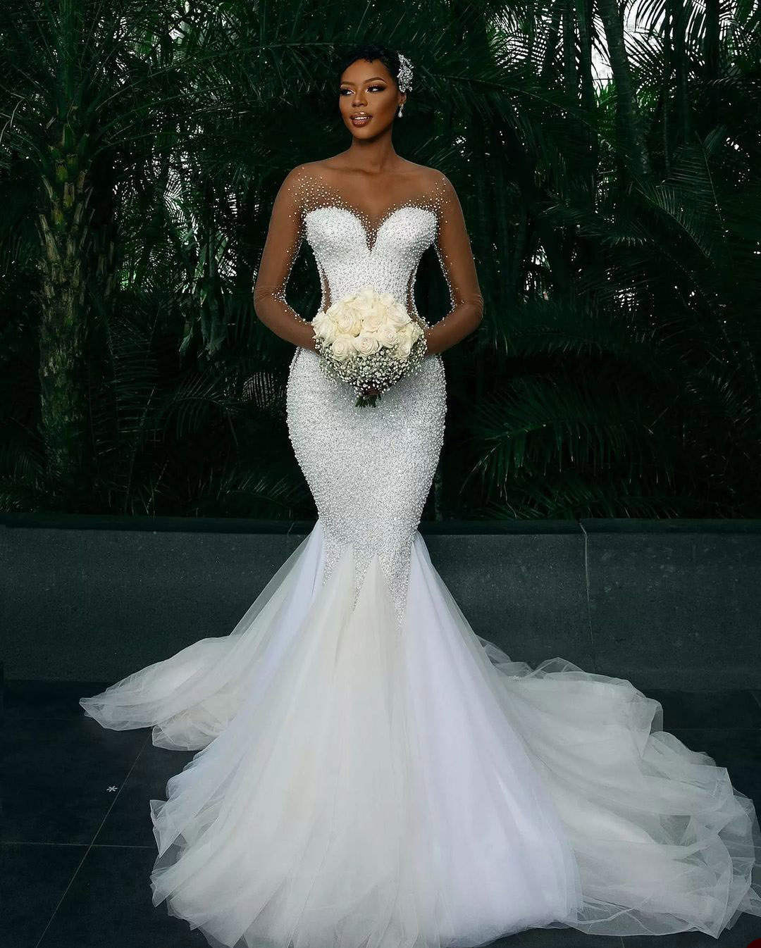 Mermaid Wedding Dress Pearls Beaded Bridal Gowns Sheer Neck Custom Made Long Sleeve Bride Lace Up Sweep Train Vestido De Novia 0218