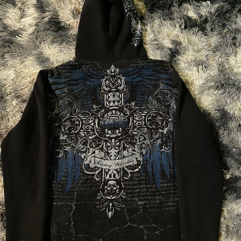 Womens Hoodie Y2K Cyber Grunge Emo Zip Up Sportswear Retro Graphic Printing Kpop Fashion Gothic Womens Wear 240819