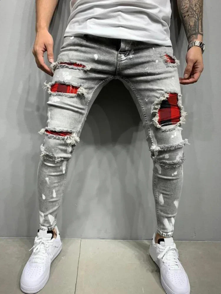 Men Biker Slim Elastic Denim Cargo Pants Joggers High Quality Hole European and American Fashion Streetwear Ripped Skinny Jeans