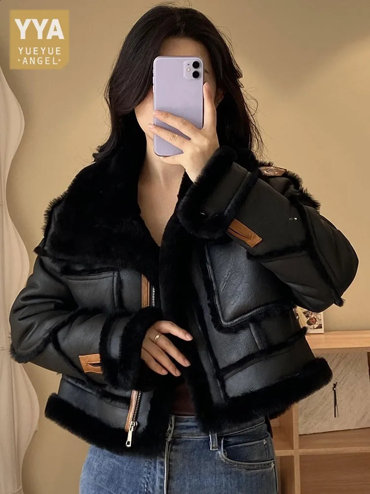 Winter womens real wool leather jacket short motorcycle coat thick warm lining ious natural 240814