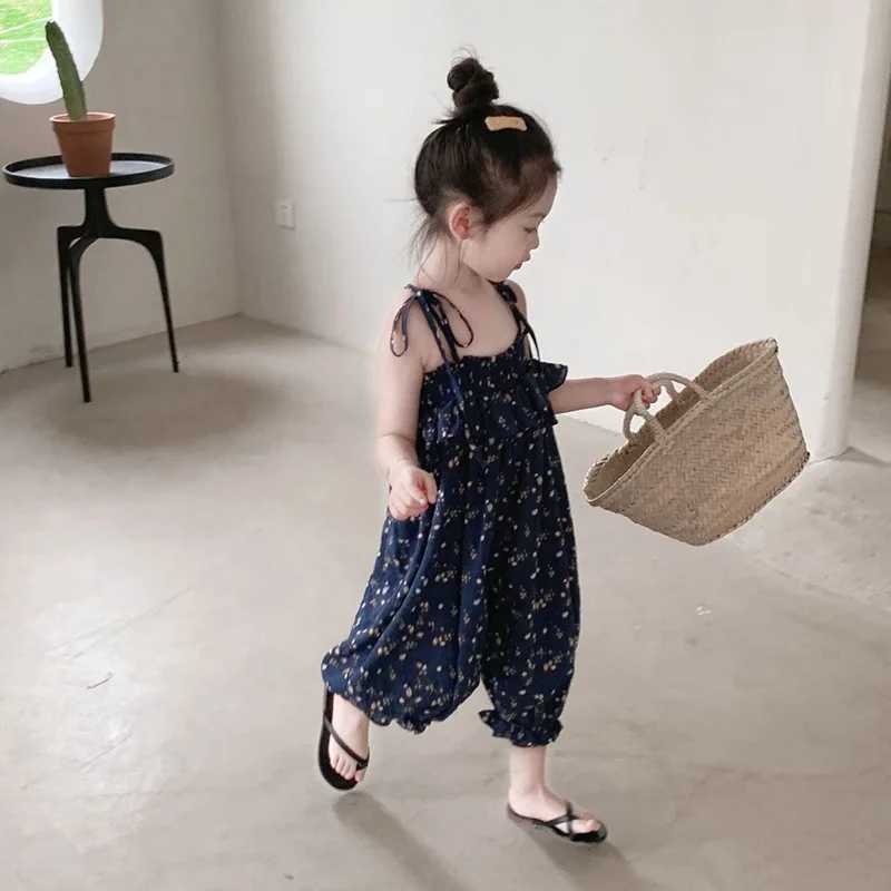 Summer girls floral lace jumpsuit girls sweet pine bud cross pants childrens top with shoulder straps W240806