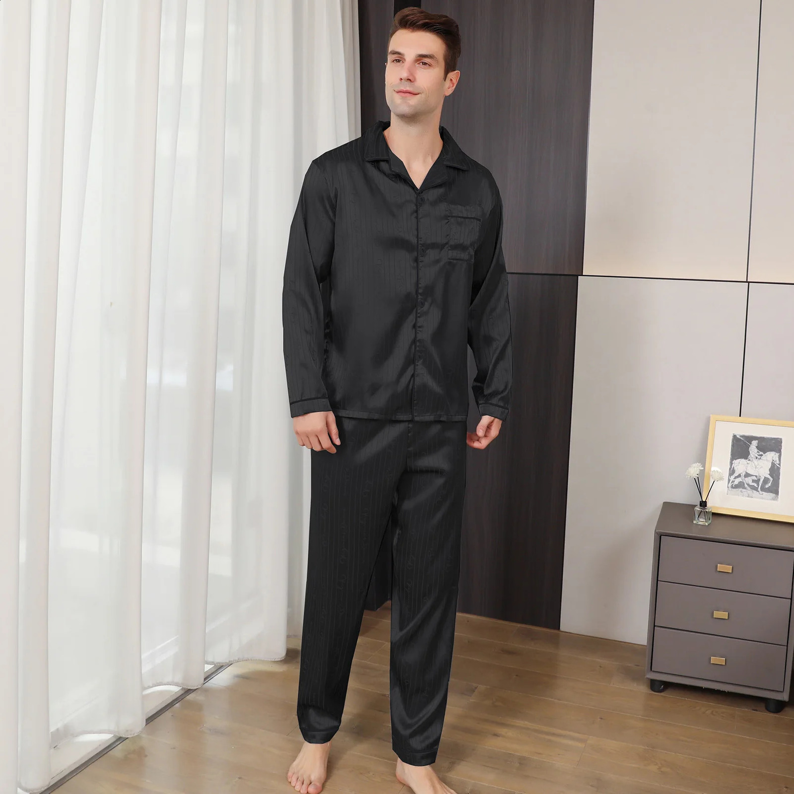Mens long sleeves summer ice beautiful home clothes mens spring and autumn casual thin cardigan can wear out two suits 240819