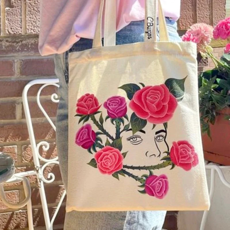 Large Capacity Canvas Shopping Bags Folding EcoFriendly Cotton Tote Reusable DIY Shoulder Bag Grocery Handbag Beige White y240925