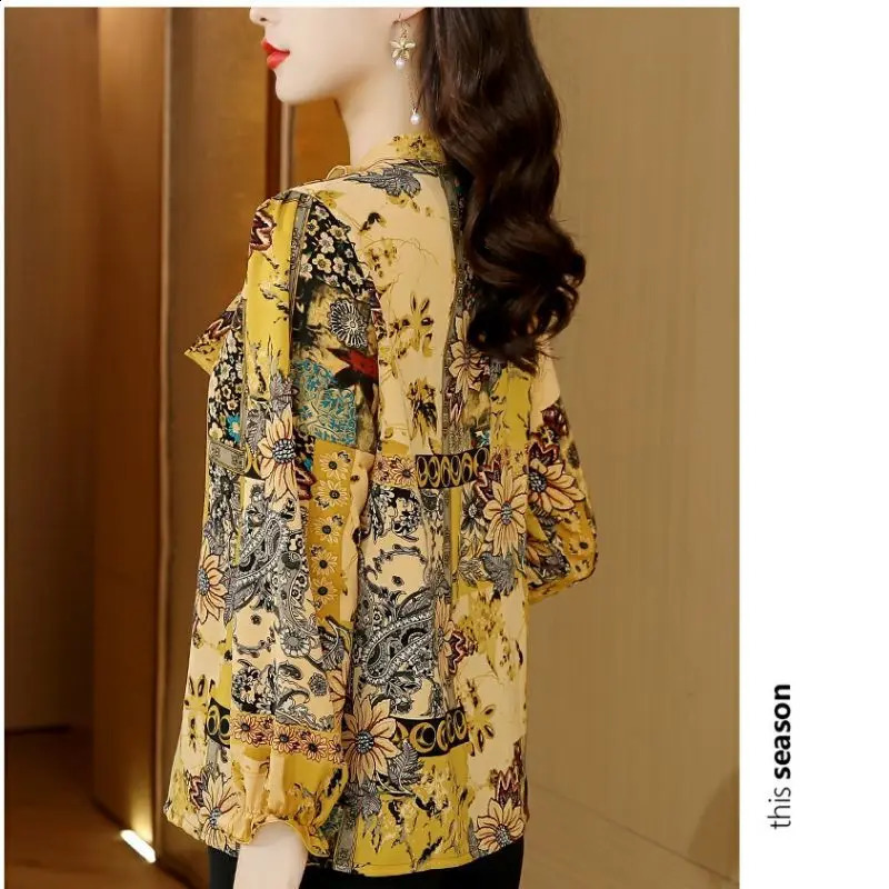 SpringSummer Korean Edition Elegant Loose Long Sleeve Printed Vneck Bow Womens Top 240814
