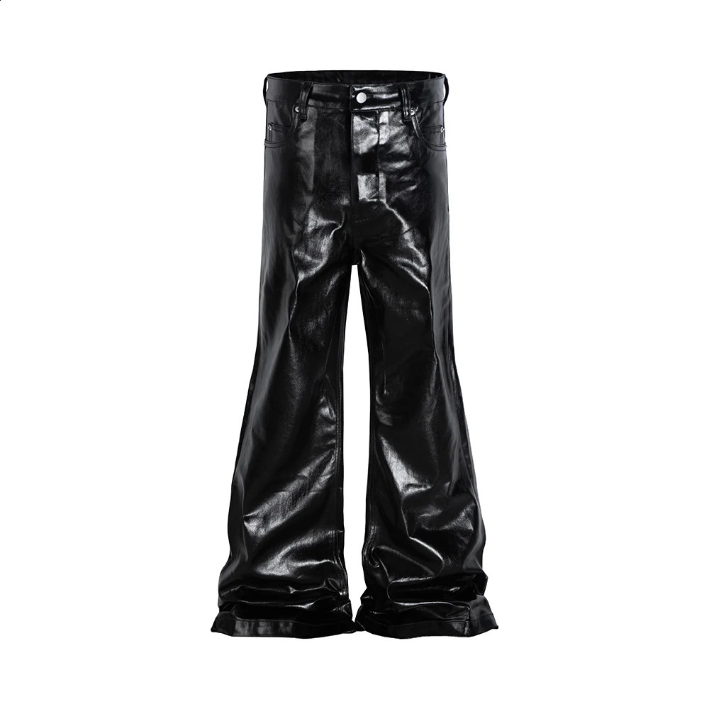 High Street Wide Leg Glossy Pu Leather Pants Sashes Boot Cut Men and Wome Straight Baggy Casual Jeans Oversized Flared Trousers 240816